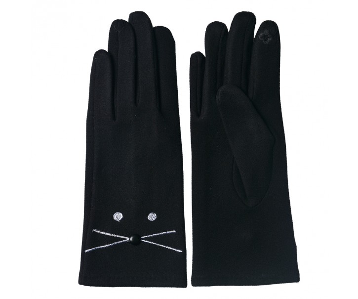 Černé zimní rukavice s vyšívanými očky a fousky - 8*24 cm