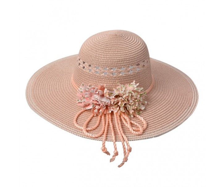 Růžový sluneční dámský klobouk s květinou - Ø 41*12cm
