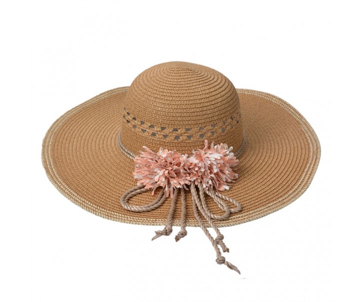Hnědý sluneční dámský klobouk s květinou - Ø 41*12/ 56cm