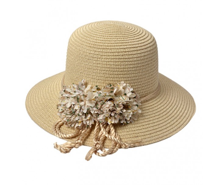 Béžový sluneční dámský klobouk s květinami - Ø 33*11/ 56cm