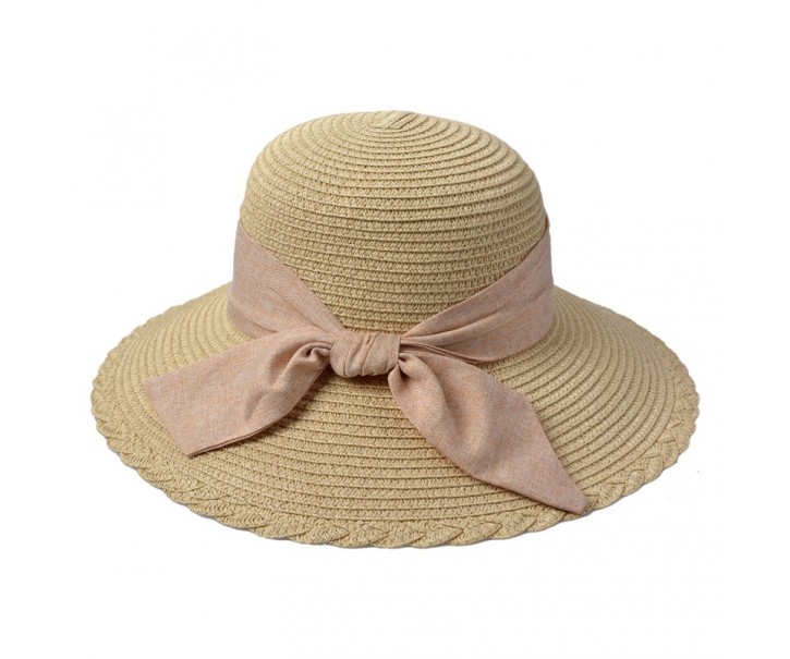 Béžový sluneční dámský klobouk s mašlí - 55-57cm