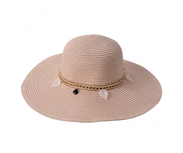 Růžový sluneční dámský klobouk s řetízkem - 55 -57cm