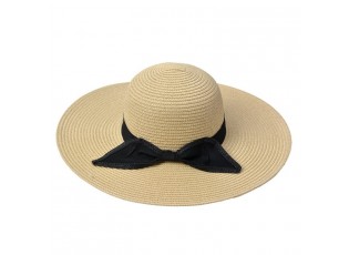 Béžový sluneční dámský klobouk s černou mašlí - 55-57cm