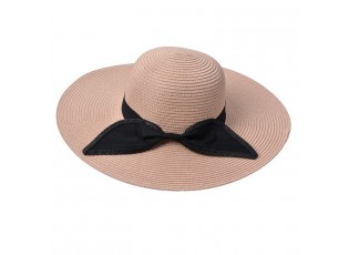 Růžový sluneční dámský klobouk s černou mašlí - 55-57cm