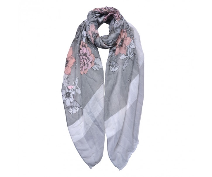Šedý dámský šátek s barevnými květy - 85*180 cm