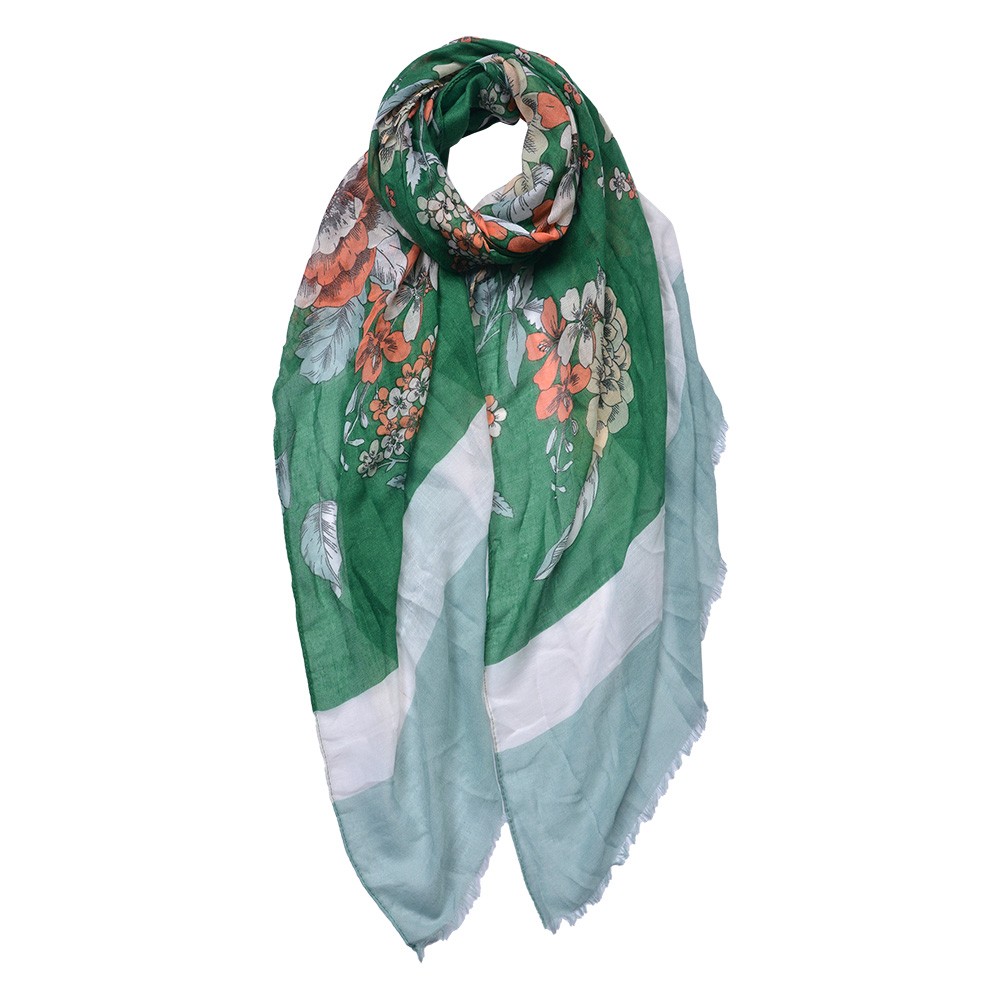 Zelený dámský šátek s barevnými květy - 85*180 cm Clayre & Eef