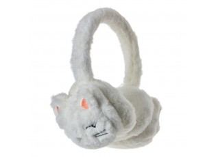 Bílé chlupaté dětské klapky na uši s motivem kočky