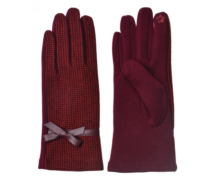 Vínové kárované zimní dámské rukavice s mašličkou - 8*24 cm