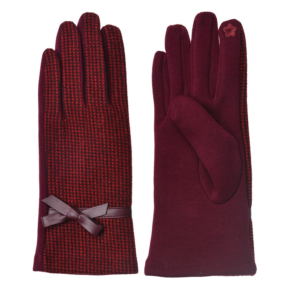 Vínové kárované zimní dámské rukavice s mašličkou - 8*24 cm Clayre & Eef
