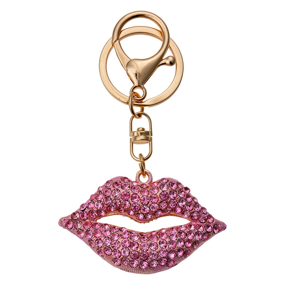 Zlatý přívěsek na klíče/ kabelku pusa s růžovými s kamínky Clayre & Eef