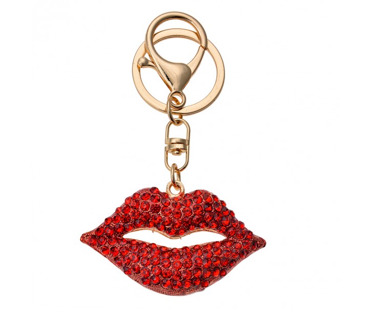 Zlatý přívěsek na klíče/ kabelku pusa s červenými s kamínky