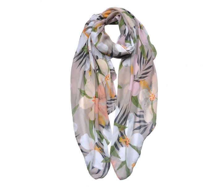 Béžový dámský šátek s barevnými květy - 85*180 cm