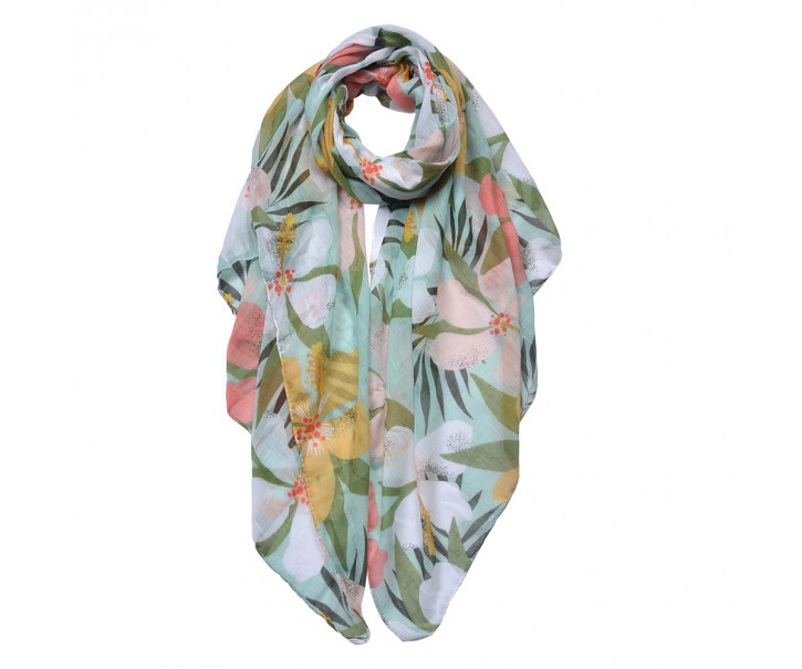 Zelený dámský šátek s barevnými květy - 85*180 cm