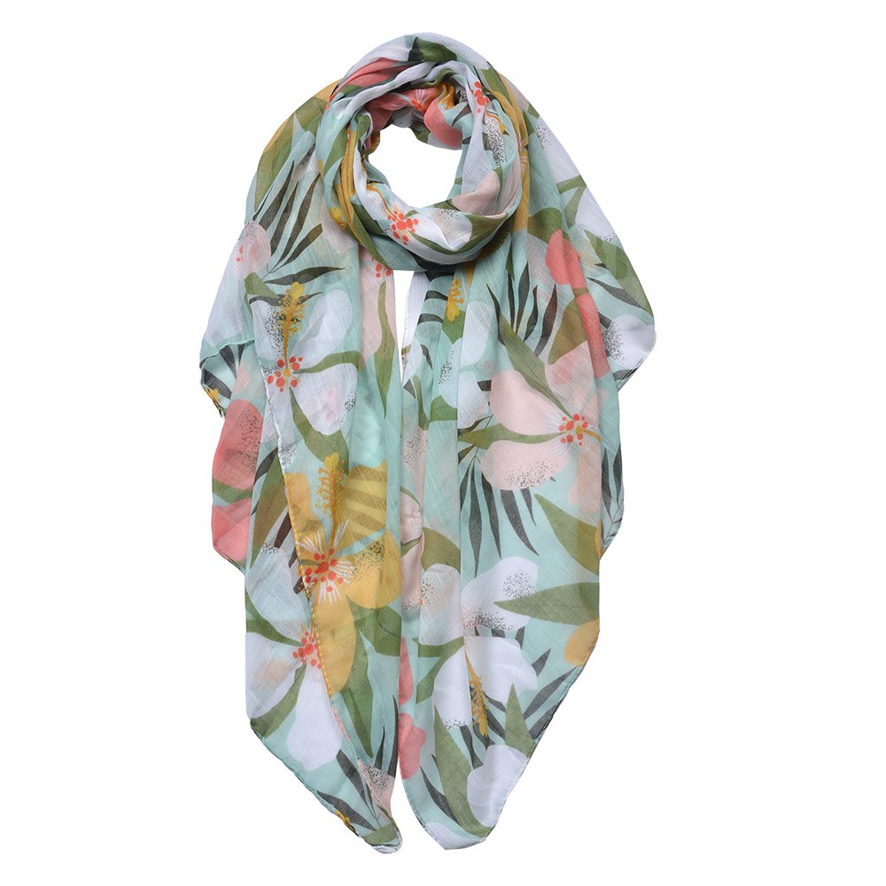 Zelený dámský šátek s barevnými květy - 85*180 cm Clayre & Eef