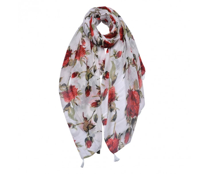 Bílý dámský šátek s červenými růžemi - 90*180 cm