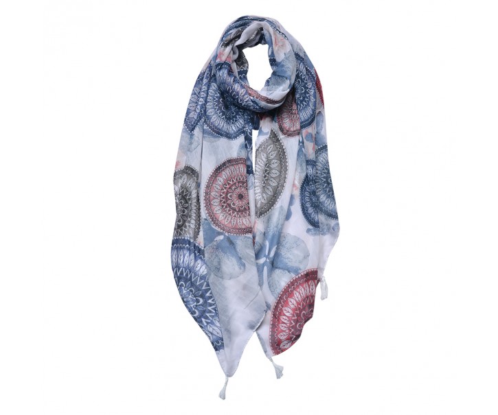 Bílo-modrý dámský šátek s potiskem lapačů a střapci - 90*180 cm
