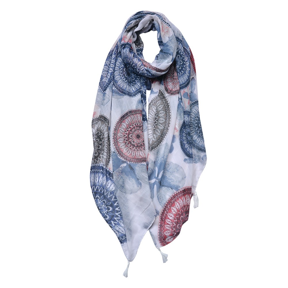 Bílo-modrý dámský šátek s potiskem lapačů a střapci - 90*180 cm Clayre & Eef