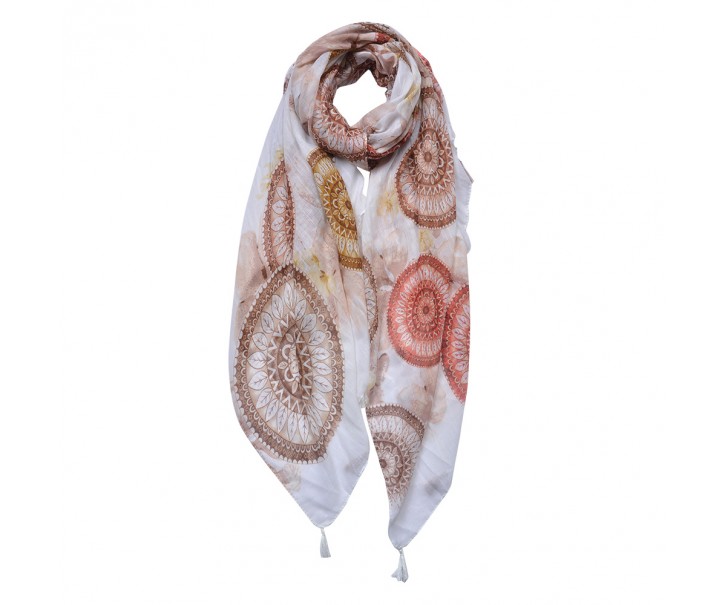 Bílo-hnědý dámský šátek s potiskem lapačů a střapci - 90*180 cm