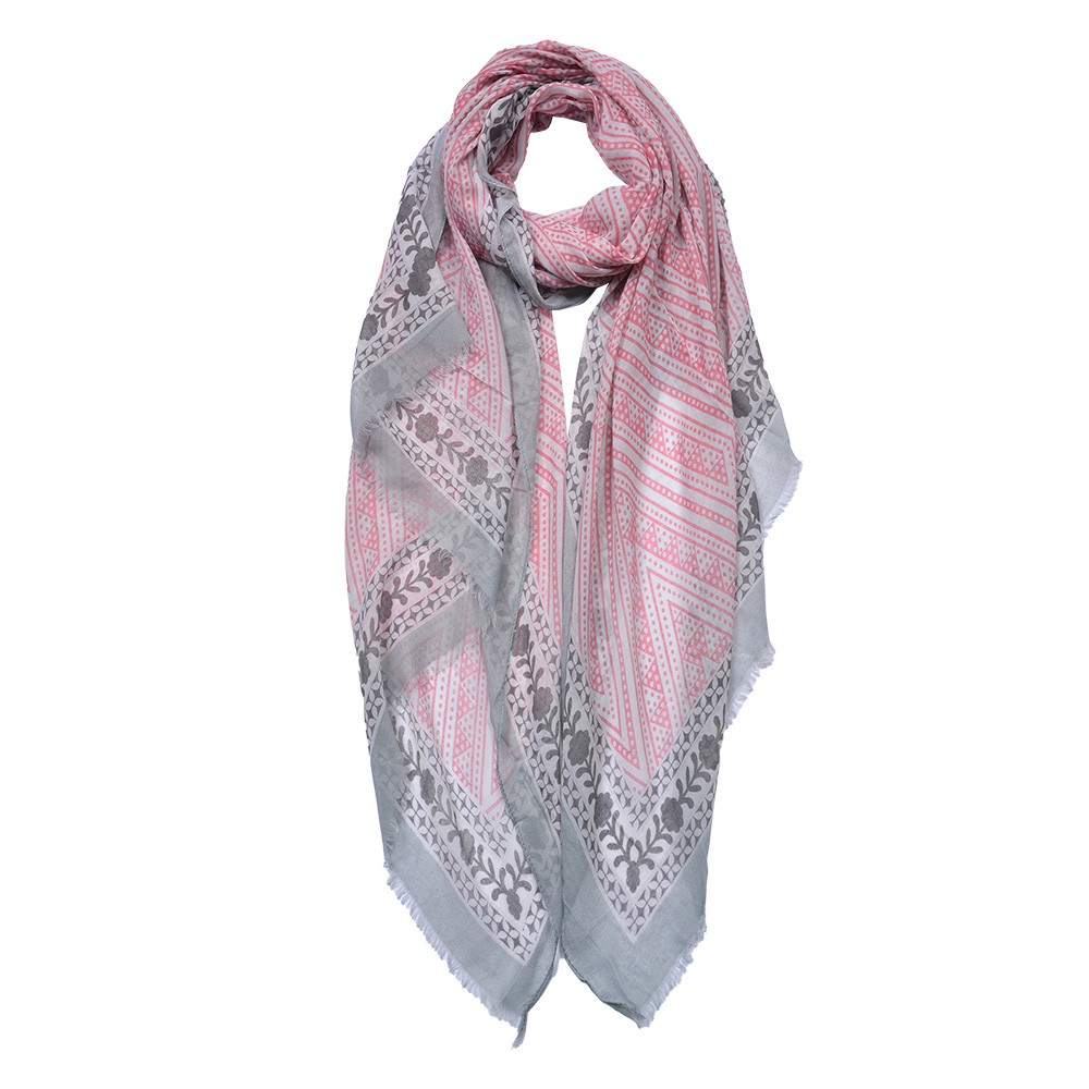 Růžovo šedý dámský šátek se vzory - 90*180 cm Clayre & Eef