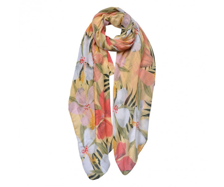 Žlutý dámský šátek s barevnými květy - 85*180 cm