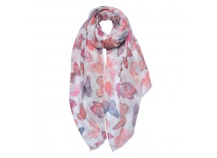 Bílo-růžový dámský šátek s potiskem motýlků - 70*180 cm