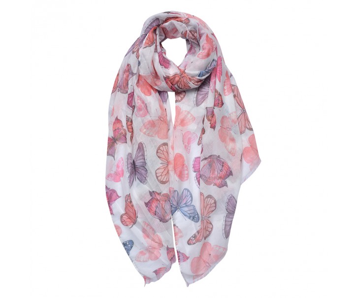Bílo-růžový dámský šátek s potiskem motýlků - 70*180 cm
