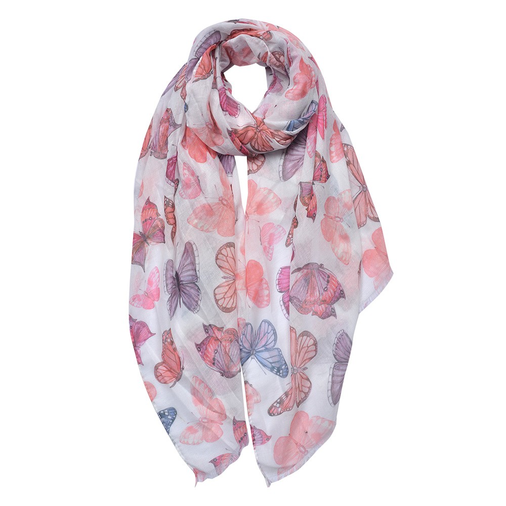 Levně Bílo-růžový dámský šátek s potiskem motýlků - 70*180 cm JZSC0697