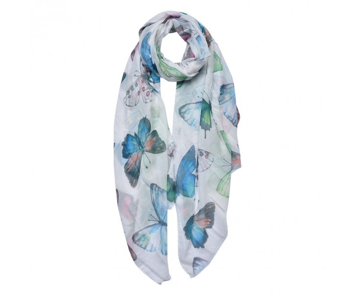 Bílo-modrý dámský šátek s potiskem motýlků - 70*180 cm