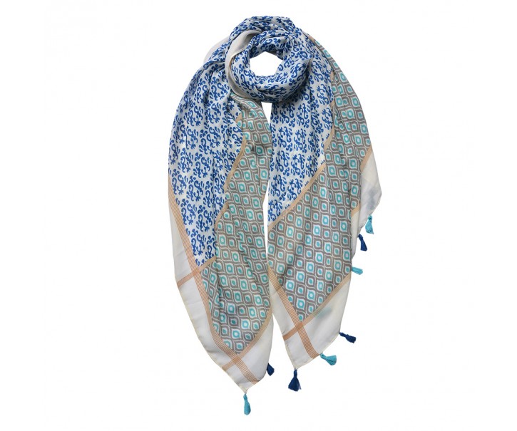 Bílo-modrý dámský šátek s potiskem a střapci - 90*180 cm