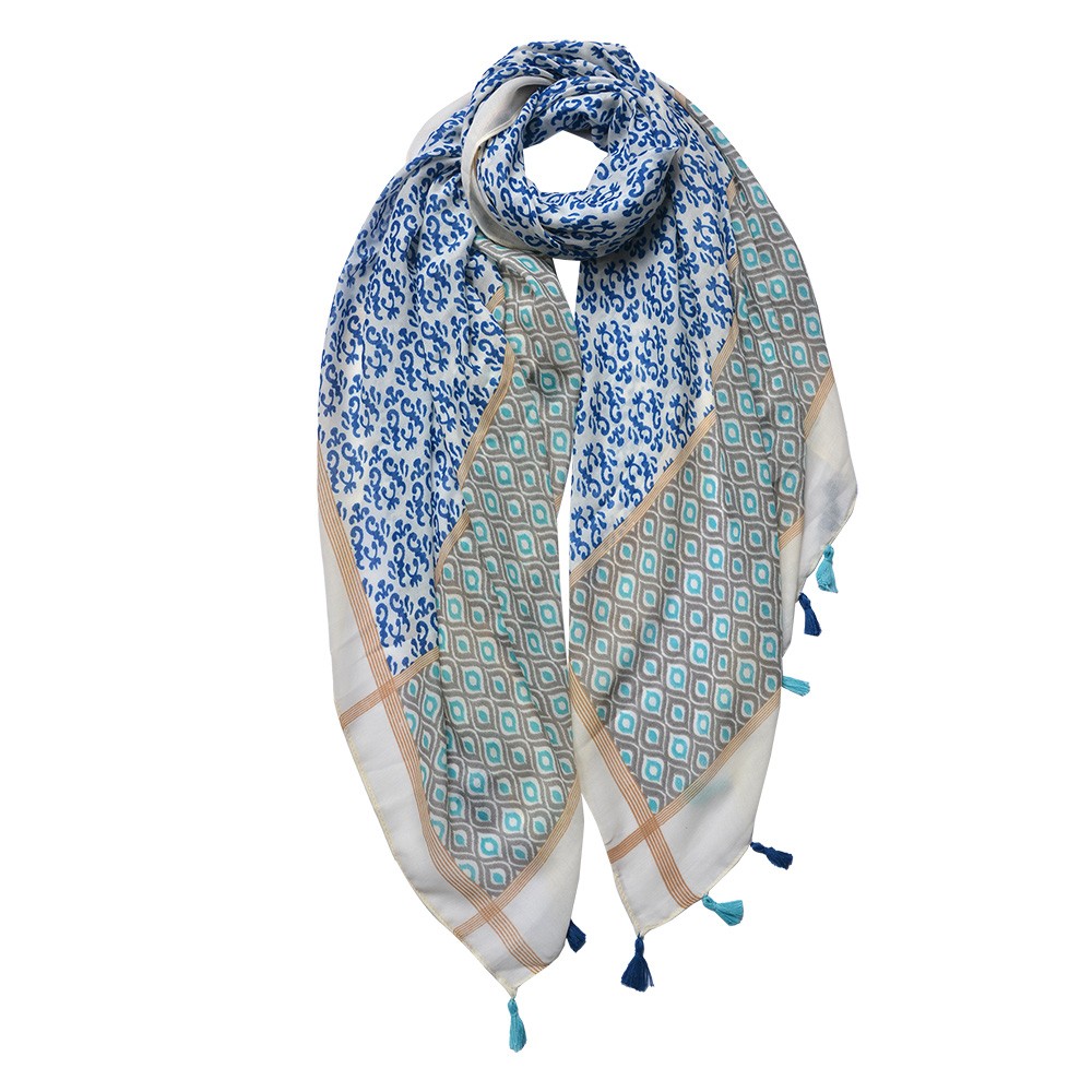 Bílo-modrý dámský šátek s potiskem a střapci - 90*180 cm Clayre & Eef
