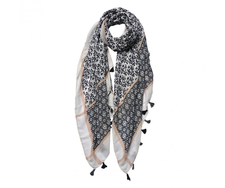 Bílo-černý dámský šátek s potiskem a střapci - 90*180 cm