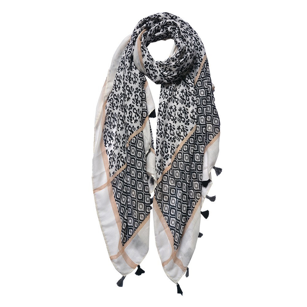 Bílo-černý dámský šátek s potiskem a střapci - 90*180 cm Clayre & Eef