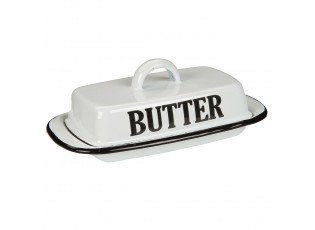 Bílá smaltovaná máslenka s nápisem Butter - 21*13*8cm