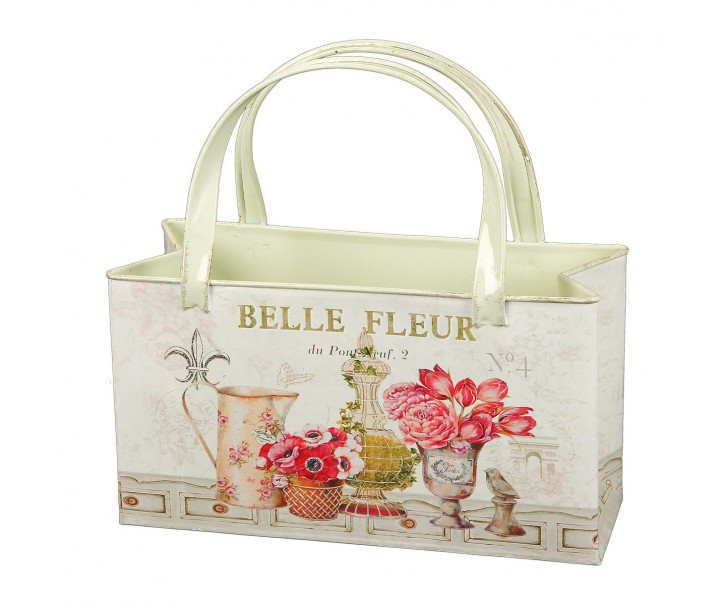 Béžová antik plechová dekorativní taška s květy Belle Fleur - 24*9*25cm