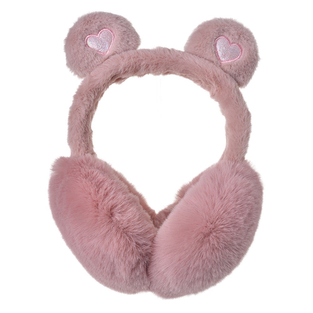 Růžové chlupaté dětské klapky na uši s oušky a srdíčky Clayre & Eef