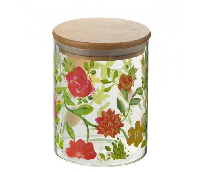 Skleněná dóza na potraviny s dřevěným víčkem a květy Floral glass - Ø10*13cm / 800ml
