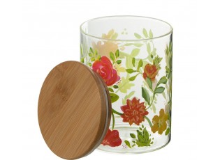 Skleněná dóza na potraviny s dřevěným víčkem a květy Floral glass - Ø10*13cm / 800ml