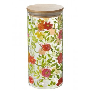 Skleněná dóza na potraviny s dřevěným víčkem a květy Floral glass - Ø10*23cm / 1400ml