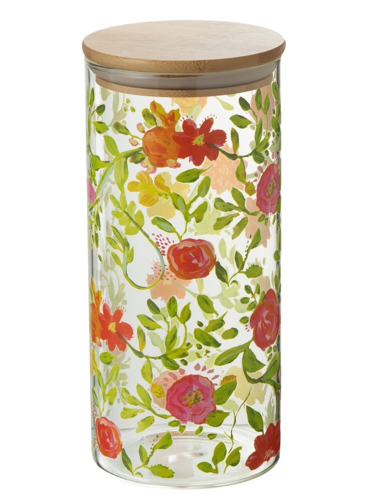 Skleněná dóza na potraviny s dřevěným víčkem a květy Floral glass - Ø10*23cm / 1400ml