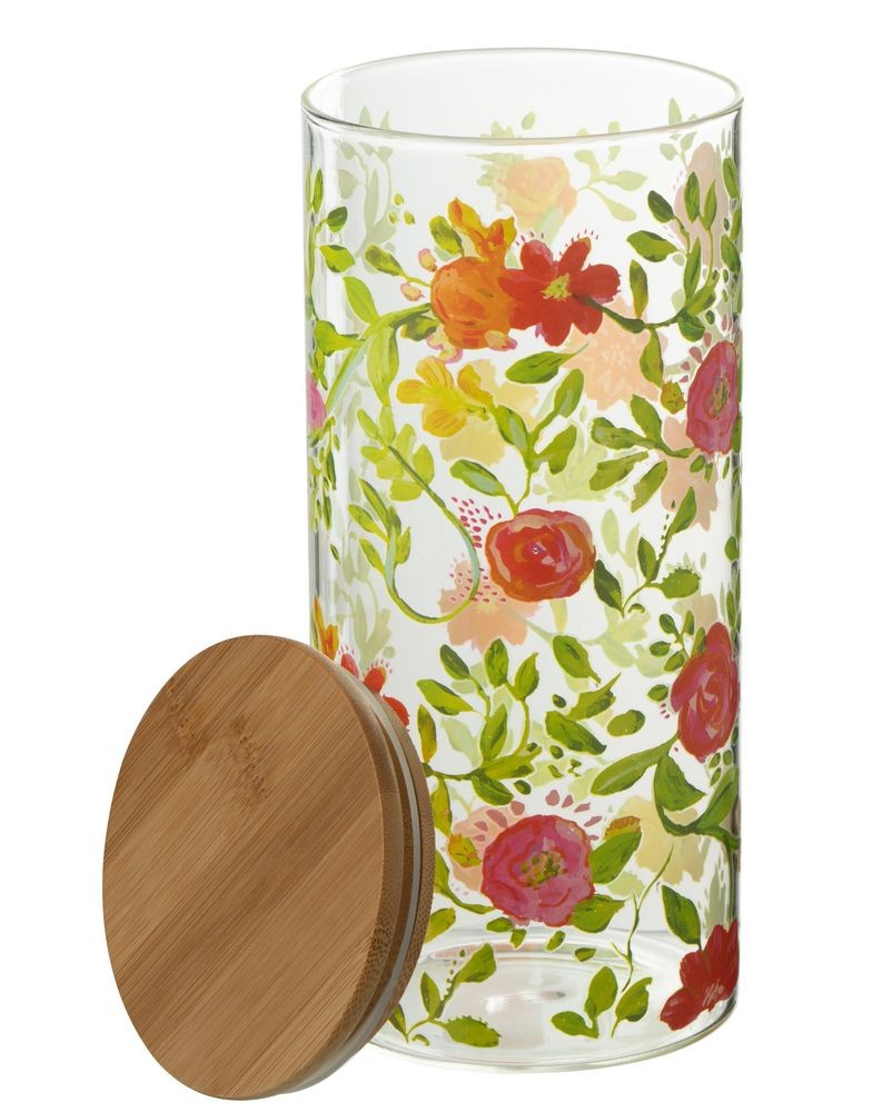 Skleněná dóza na potraviny s dřevěným víčkem a květy Floral glass - Ø10*23cm / 1400ml