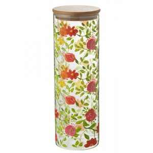 Skleněná dóza na potraviny s dřevěným víčkem a květy Floral glass - Ø10*30cm / 1900ml