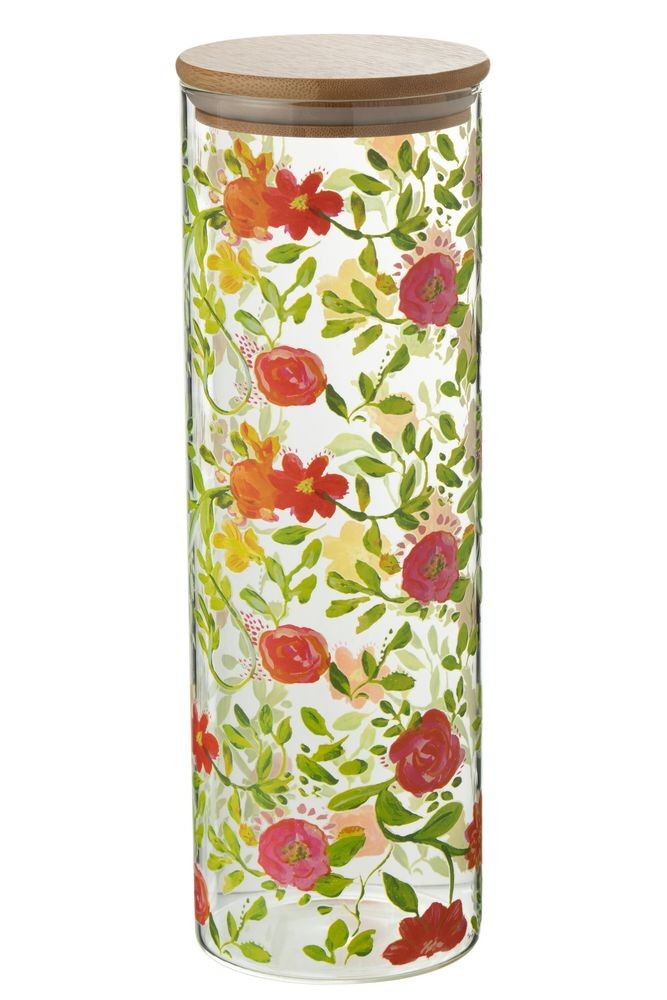 Skleněná dóza na potraviny s dřevěným víčkem a květy Floral glass - Ø10*30cm / 1900ml
