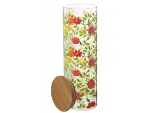 Skleněná dóza na potraviny s dřevěným víčkem a květy Floral glass - Ø10*30cm / 1900ml