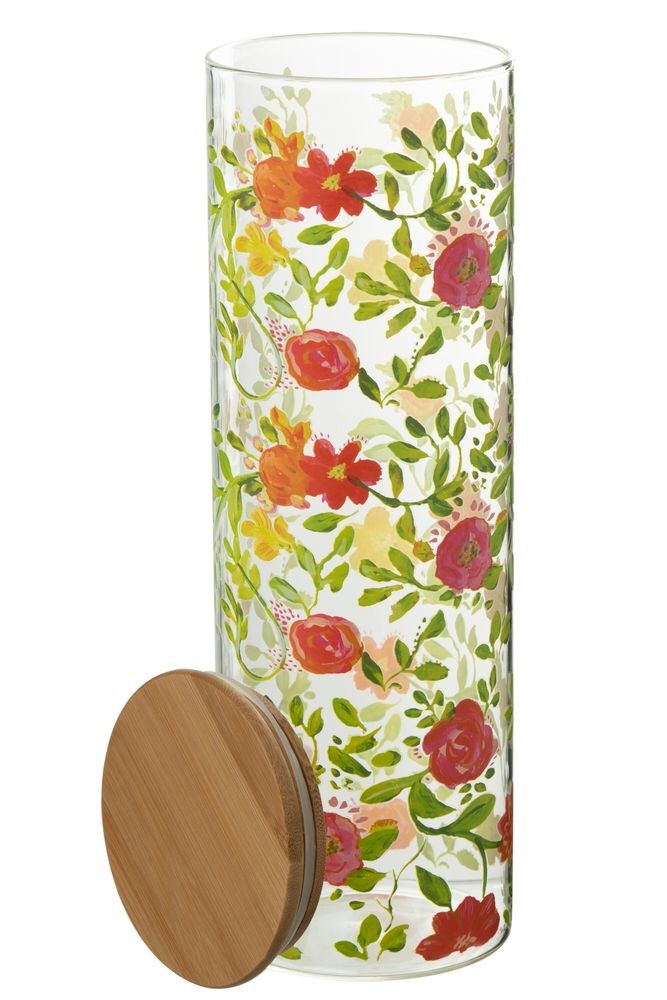 Skleněná dóza na potraviny s dřevěným víčkem a květy Floral glass - Ø10*30cm / 1900ml