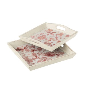 2ks dřevěný podnos s květinovým dekorem Tray Roses - 39*39*5/ 35*35*4 cm