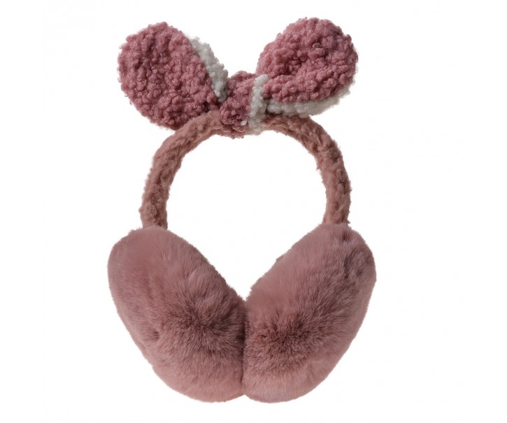 Růžové dětské chlupaté klapky na uši s mašlí