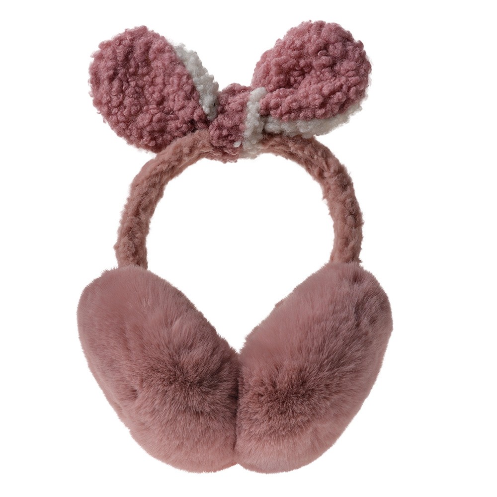Růžové dětské chlupaté klapky na uši s mašlí Clayre & Eef
