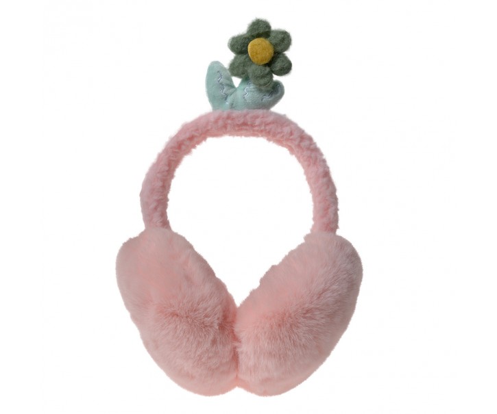 Růžové dětské chlupaté klapky na uši s kytičkou