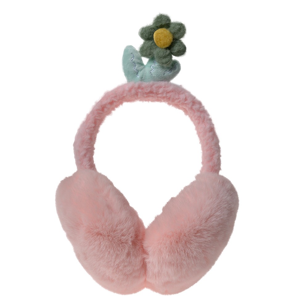 Růžové dětské chlupaté klapky na uši s kytičkou JZCEW0007P