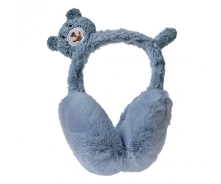 Modré dětské chlupaté klapky na uši s medvídkem
